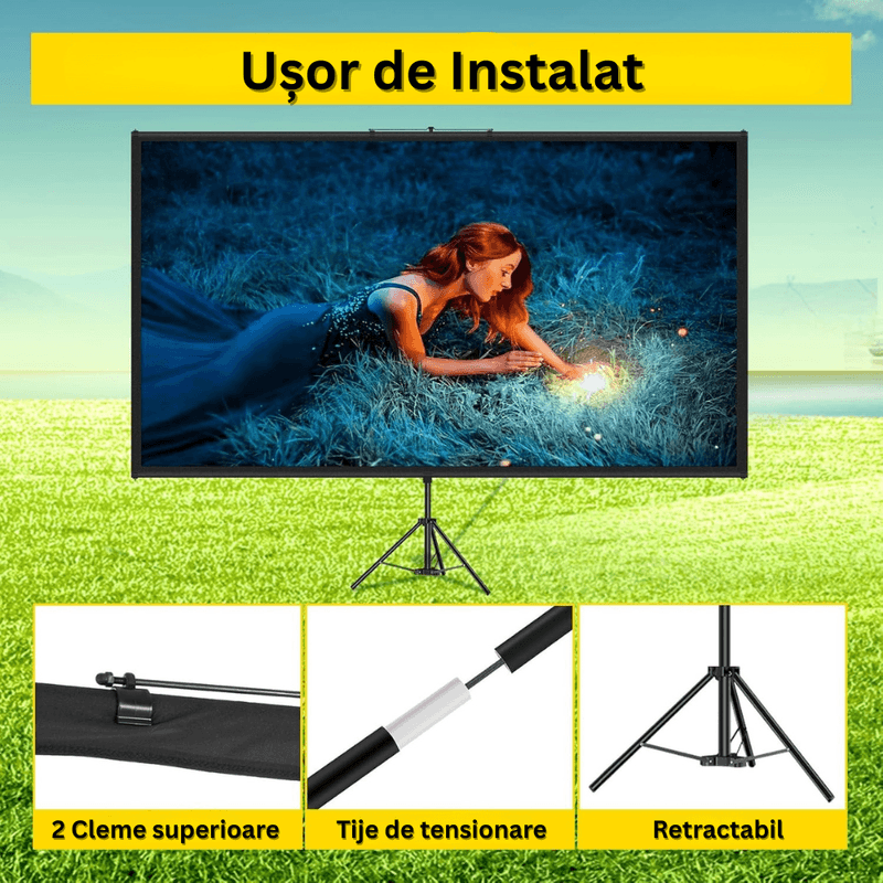 TV, Audio-Video si Foto - Videoproiectoare si accesorii - Ecrane proiectie - Ecran Proiectie 80", 4K UHD, 16:9, Reglabil 200-250cm, Unghi 160°, Portabil, Usor Instalare, Aluminiu, Home Cinema - Infinity.ro