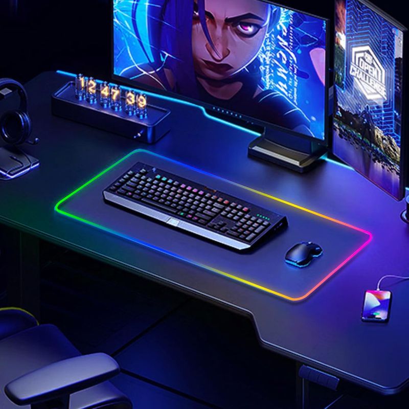 PC, gaming si accesorii - Periferice PC - Mousepad - Mousepad Mare Gaming 80x30cm, LED RGB, Antiderapant, Waterproof, Cusaturi Intarite, USB Inclus, Negru - Infinity.ro