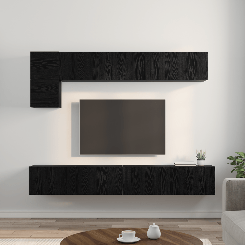 Casa si Gradina - Mobilier - Comode si corpuri - Comode - Set comoda TV cu raft cu depozitare cu usa 5 pcs Stejar Negru - Infinity.ro