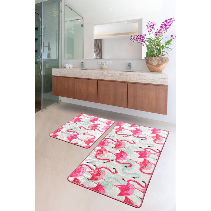 Casa si Gradina - Textile si covoare - Covoare - Covorase baie - Set covorase de baie, L'essentiel Maison, roz alb negru, 50x60 cm si 60x100 cm, 100% poliester, antiderapant - Infinity.ro