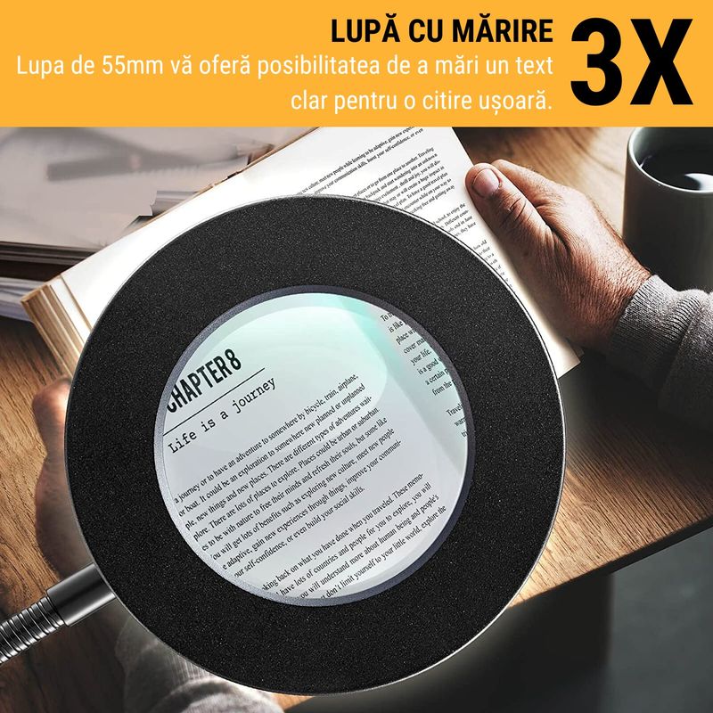 TV, Audio-Video si Foto - Optica, astronomie si metrologie - Optica si astronomie - Lupe si instrumente optice - Lupa de masa cu iluminare LED, marire 3x, ajustabila, Lampa cu 10 niveluri de luminozitate, clema fixare si 3 tonuri alb - Infinity.ro