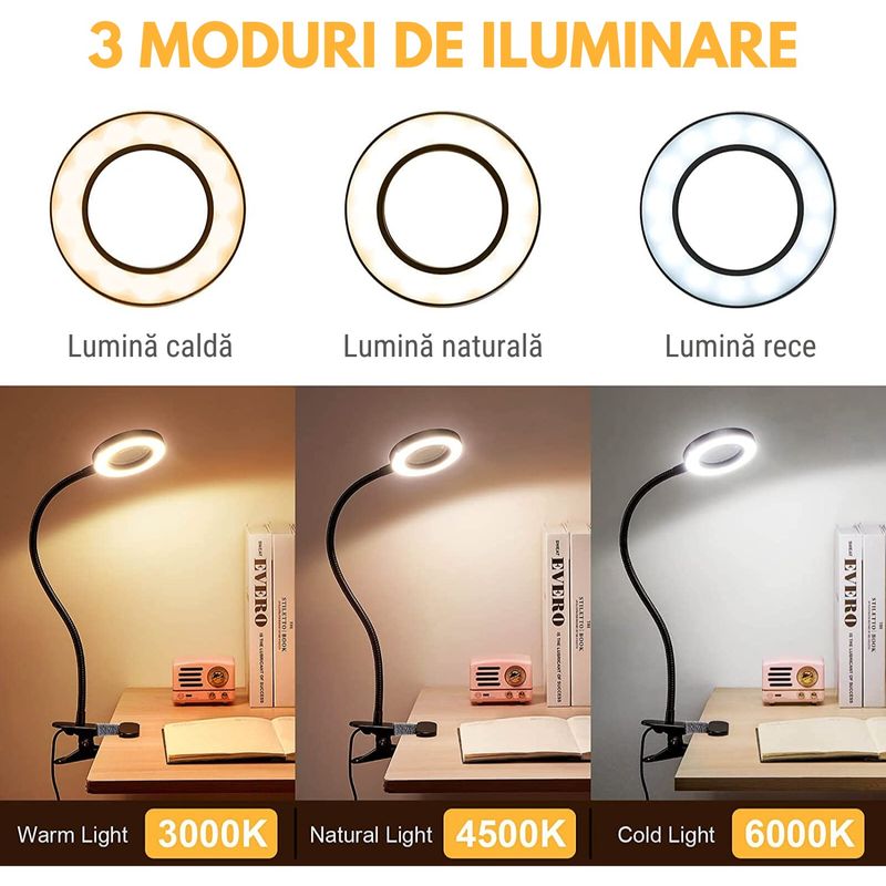 TV, Audio-Video si Foto - Optica, astronomie si metrologie - Optica si astronomie - Lupe si instrumente optice - Lupa de masa cu iluminare LED, marire 3x, ajustabila, Lampa cu 10 niveluri de luminozitate, clema fixare si 3 tonuri alb - Infinity.ro