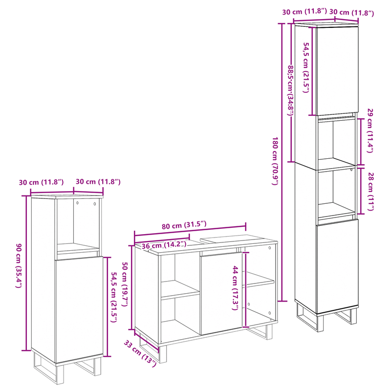 Casa si Gradina - Mobilier - Seturi de mobilier - Seturi baie - Set mobila pentru baie 3 piese Stejar artizanal Lemn tratat - Infinity.ro