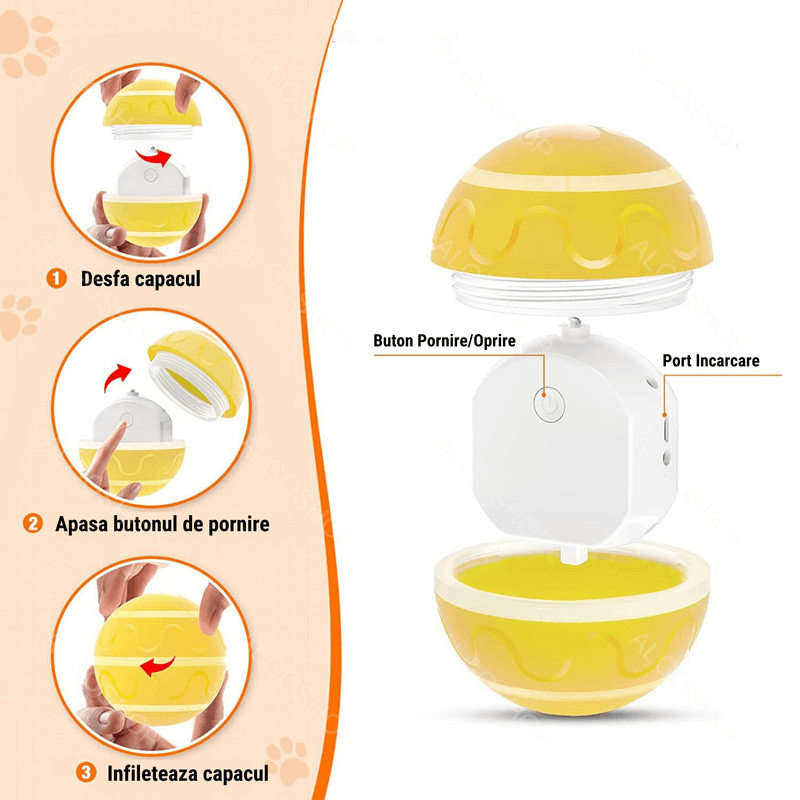 Petshop - Accesorii petshop - Jucarii animale - Jucarii interactive animale - Minge Interactiva pentru Caini si Pisici cu Rotire 360° Automata , Telecomanda, Rezistenta la Apa, Diametru 8 cm, Galben - Infinity.ro