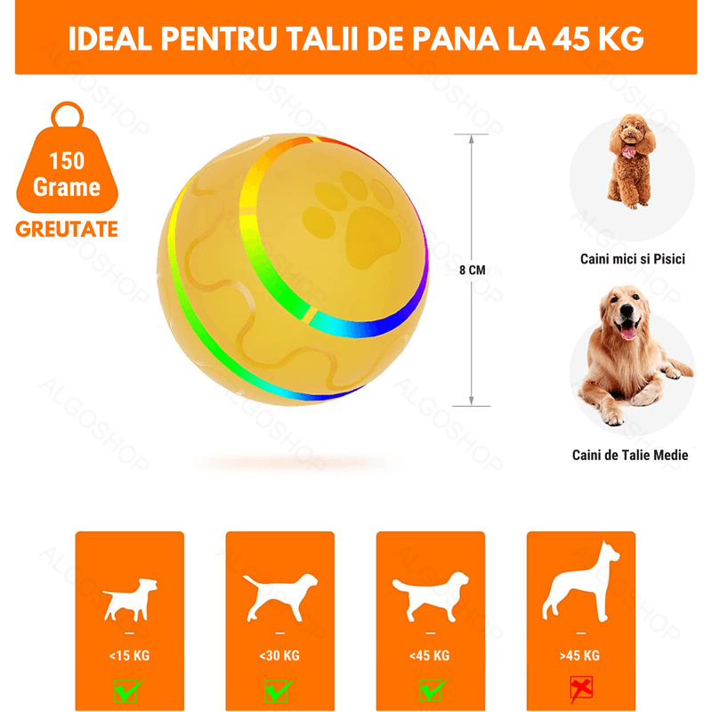 Petshop - Accesorii petshop - Jucarii animale - Jucarii interactive animale - Minge Interactiva pentru Caini si Pisici cu Rotire 360° Automata , Telecomanda, Rezistenta la Apa, Diametru 8 cm, Galben - Infinity.ro