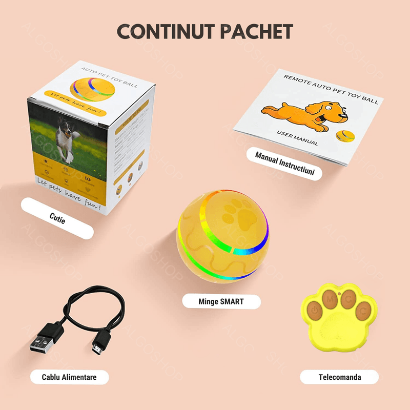 Petshop - Accesorii petshop - Jucarii animale - Jucarii interactive animale - Minge Interactiva pentru Caini si Pisici cu Rotire 360° Automata , Telecomanda, Rezistenta la Apa, Diametru 8 cm, Galben - Infinity.ro