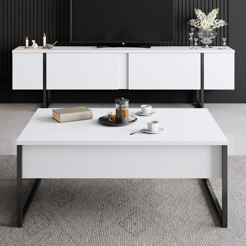 Casa si Gradina - Mobilier - Seturi de mobilier - Seturi living - Set mobilier living, Hanah Home, pal melaminat, alb si negru, suport tv 180x30x47 cm, masuta cafea 90x39x40 cm - Infinity.ro