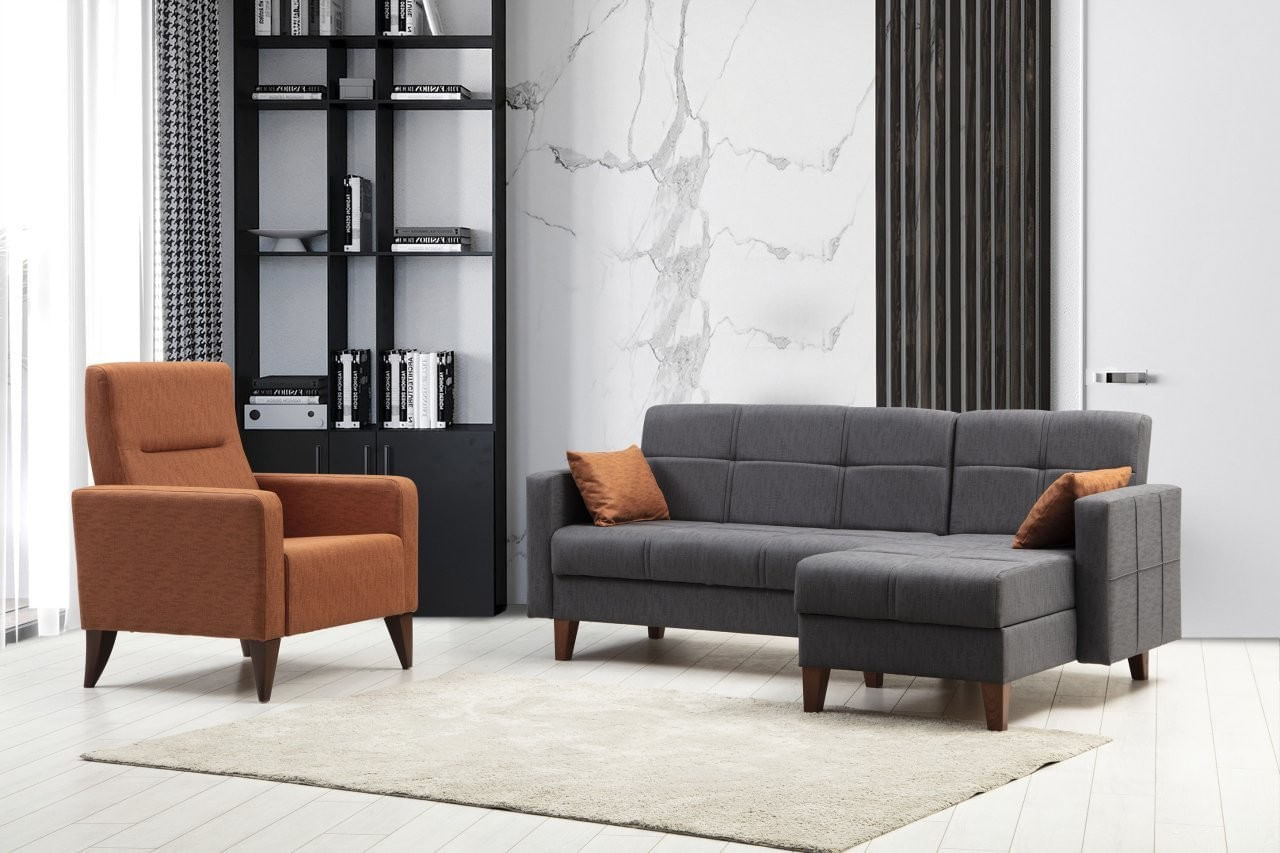 Set living, Atelier Del Sofa, cadru metal lemn, gri inchis, canapea coltar 216x130x86 cm, fotoliu 75x80x102 cm