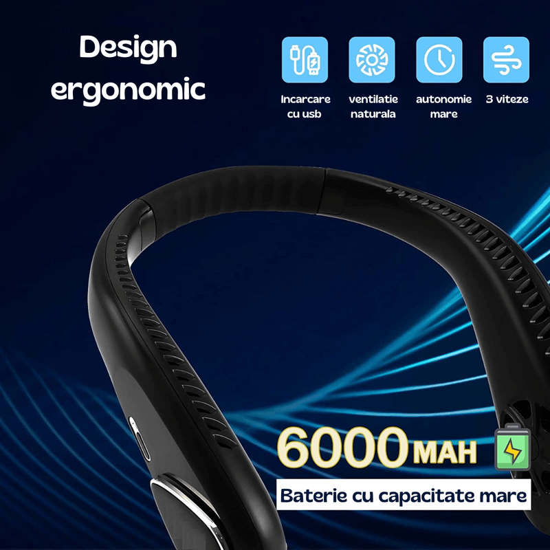 Ingrijire personala si Cosmetice - Aparate & accesorii ingrijire personala - Aparate cosmetice - Aparate intretinere si ingrijire corporala - Ventilator portabil pentru gat, 3 trepte de viteza, 6000 mAh, autonomie pana la 18 ore, USB, putere 5W, flexibil, negru - Infinity.ro