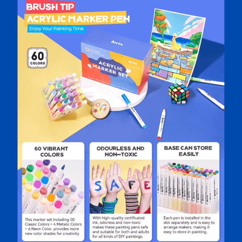 Carti si Birotica - Birotica - Instrumente de scris - Markere si carioci - Set 60 Markere, vopsea Acrilica Arrtx,, pentru Sticla, Ceramica, Pietre, Lemn, Plastic, Hartie, Panza, Non-toxic, - Infinity.ro