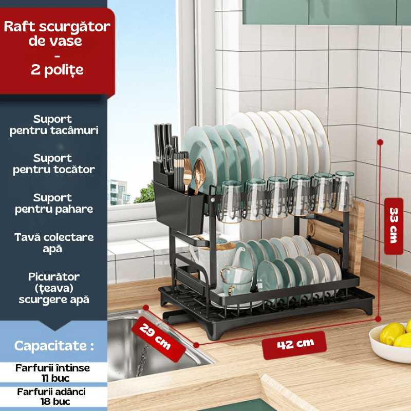 Casa si Gradina - Bucatarie si vesela - Organizare si depozitare bucatarie - Scurgator vase - Raft scurgator de vase, Seezesol Solution®, suport cutite, tacamuri, pahare, tocator, tava - tub de scurgere, 42x29x33cm - Infinity.ro