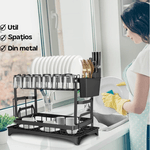 Casa si Gradina - Bucatarie si vesela - Organizare si depozitare bucatarie - Scurgator vase - Raft scurgator de vase, Seezesol Solution®, suport cutite, tacamuri, pahare, tocator, tava - tub de scurgere, 42x29x33cm - Infinity.ro