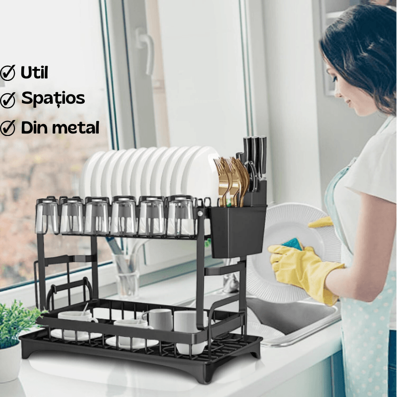 Casa si Gradina - Bucatarie si vesela - Organizare si depozitare bucatarie - Scurgator vase - Raft scurgator de vase, Seezesol Solution®, suport cutite, tacamuri, pahare, tocator, tava - tub de scurgere, 42x29x33cm - Infinity.ro