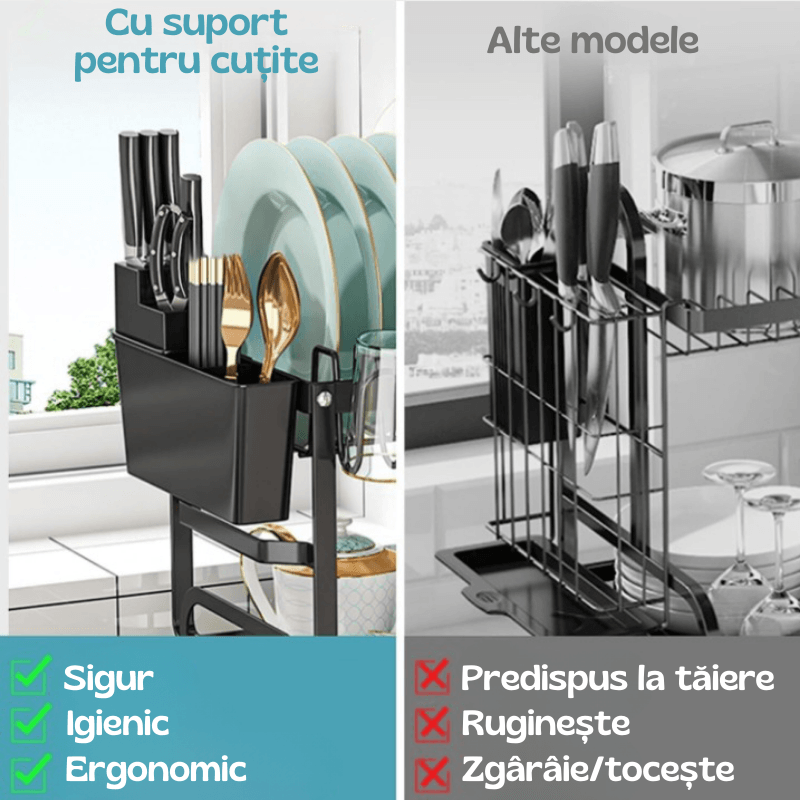 Casa si Gradina - Bucatarie si vesela - Organizare si depozitare bucatarie - Scurgator vase - Raft scurgator de vase, Seezesol Solution®, suport cutite, tacamuri, pahare, tocator, tava - tub de scurgere, 42x29x33cm - Infinity.ro