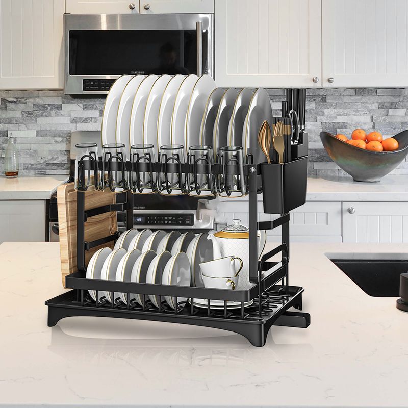 Casa si Gradina - Bucatarie si vesela - Organizare si depozitare bucatarie - Scurgator vase - Raft scurgator de vase, Seezesol Solution®, suport cutite, tacamuri, pahare, tocator, tava - tub de scurgere, 42x29x33cm - Infinity.ro