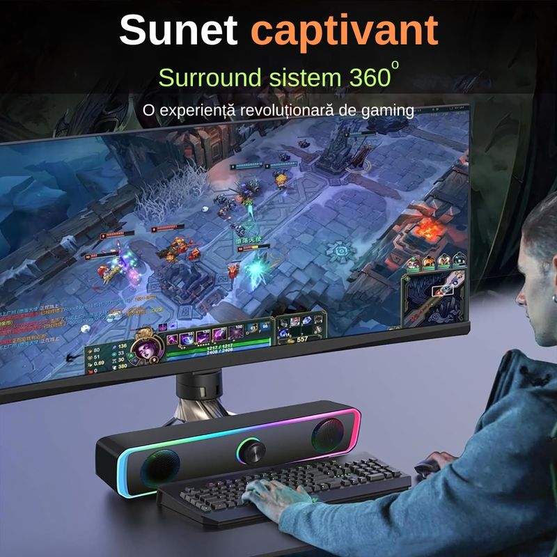TV, Audio-Video si Foto - Audio Hi-Fi - Boxe si subwoofere - Boxa Gaming PC, RGB Iluminare, 4D HiFi Stereo, ABS, Conectare Universala, Rezistenta la praf/socuri, Negru - Infinity.ro