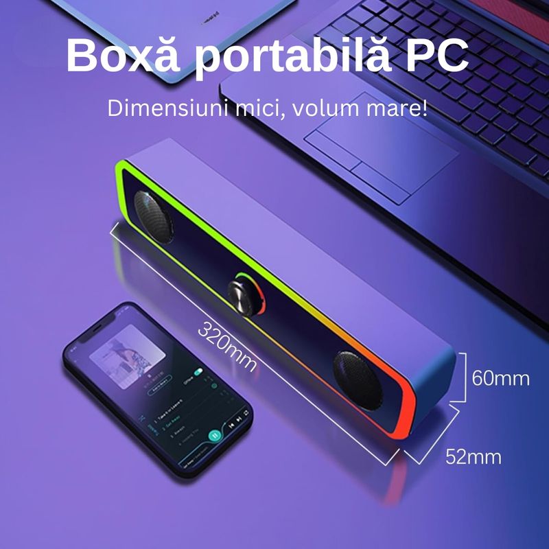 TV, Audio-Video si Foto - Audio Hi-Fi - Boxe si subwoofere - Boxa Gaming PC, RGB Iluminare, 4D HiFi Stereo, ABS, Conectare Universala, Rezistenta la praf/socuri, Negru - Infinity.ro