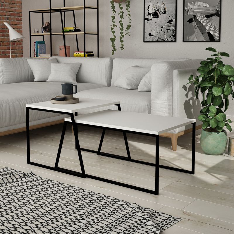 Casa si Gradina - Mobilier - Mese si birouri - Masute de cafea - Set masute de cafea, Hanah Home, pal melaminat si metal, alb si negru, 88x50x38 cm si 57x55x45 cm - Infinity.ro