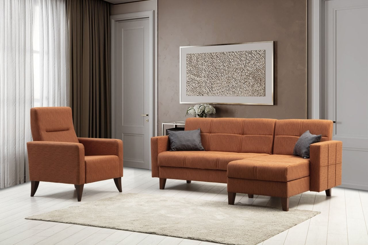 Set living, Atelier Del Sofa, metal si lemn, rosu tigla, canapea coltar 216x130x86 cm, fotoliu 75x80x102 cm
