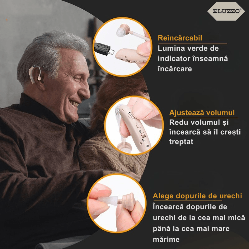 Ingrijire personala si Cosmetice - Sanatate si wellness - Aparate medicale - Aparate auditive - Aparat Auditiv Premium ELUZZO®, Reincarcabil, Autonomie sporita, 3 Accesorii Incluse, Volum Ajustabil, Bej - Infinity.ro