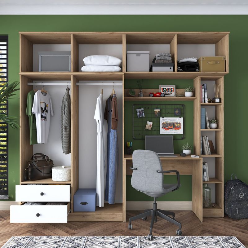 Casa si Gradina - Mobilier - Seturi de mobilier - Seturi dormitor - Set dormitor studiu, Hanah Home, pal melaminat, nuc si alb, 240x216.8x42.5 cm - Infinity.ro