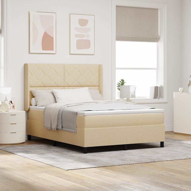 Casa si Gradina - Mobilier - Paturi si accesorii - Paturi - Pat cu arcuri cu lumini cu banda LED cu headboard Crem 140 x 190 cm Tesatura - Infinity.ro