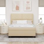 Casa si Gradina - Mobilier - Paturi si accesorii - Paturi - Pat cu arcuri cu lumini cu banda LED cu headboard Crem 140 x 190 cm Tesatura - Infinity.ro