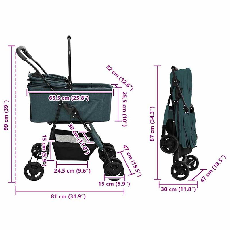 Petshop - Accesorii petshop - Culcusuri si custi - Genti si articole transport - Carucior pentru Pisici Pliante Ajustabil Verde 81 x 47 x 99 cm - Infinity.ro