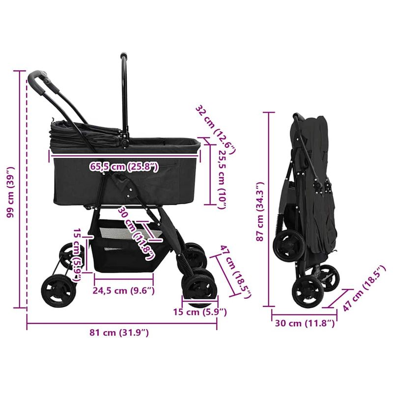 Petshop - Accesorii petshop - Culcusuri si custi - Genti si articole transport - Carucior pentru Pisici Pliante Ajustabil Negru 81 x 47 x 99 cm - Infinity.ro