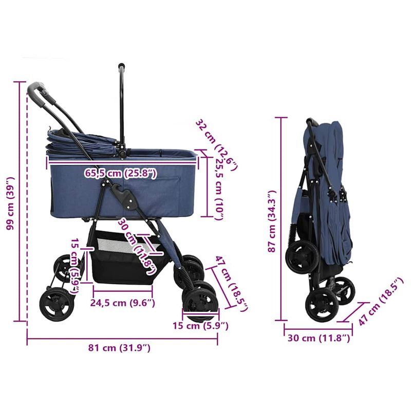 Petshop - Accesorii petshop - Culcusuri si custi - Genti si articole transport - Carucior pentru Pisici Pliante albastru 81 x 47 x 99 cm - Infinity.ro