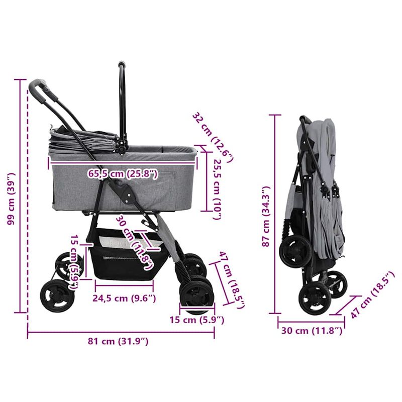 Petshop - Accesorii petshop - Culcusuri si custi - Genti si articole transport - Carucior pentru Pisici Pliante Ajustabil Gri 81 x 47 x 99 cm - Infinity.ro