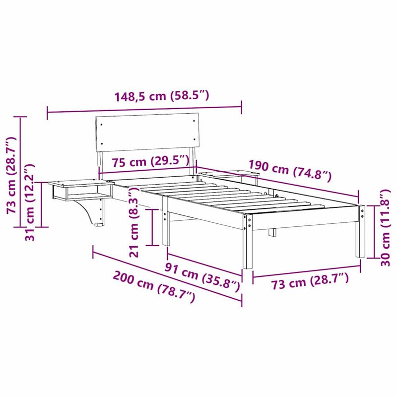 Casa si Gradina - Mobilier - Paturi si accesorii - Paturi - Cadru de pat cu mese laterale Alb 75 x 190 cm Lemn masiv de pin - Infinity.ro