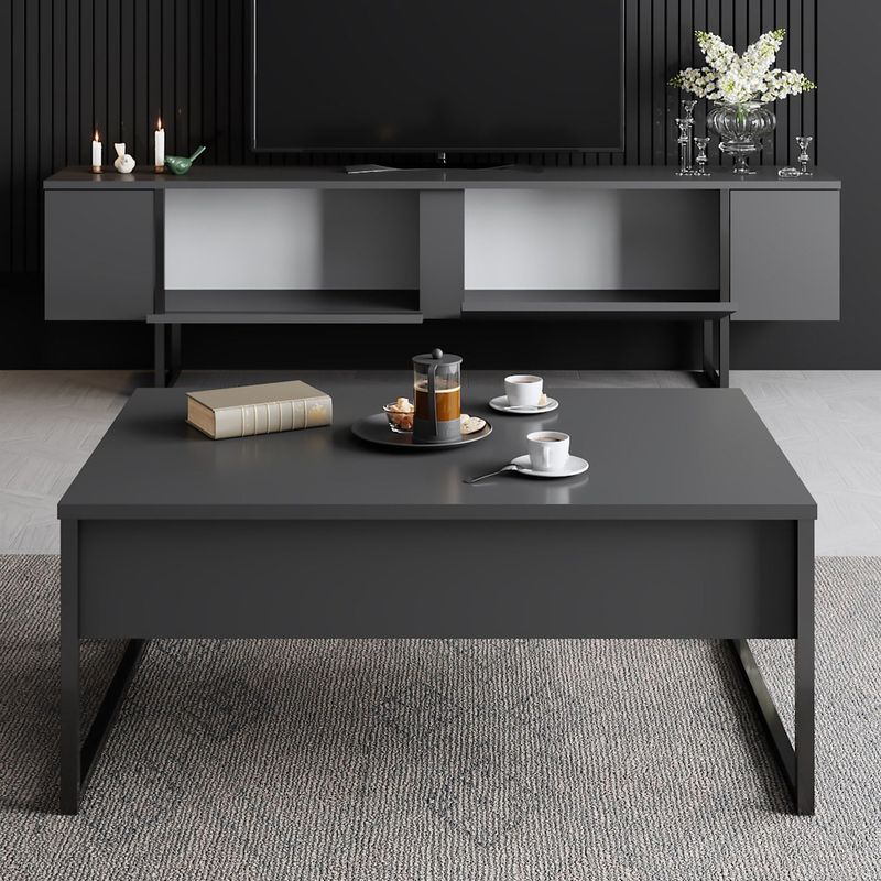 Casa si Gradina - Mobilier - Seturi de mobilier - Seturi living - Set mobilier living, Hanah Home, pal melaminat, antracit si negru, comoda tv 180x30x47 cm, masuta cafea 90x39x40 cm - Infinity.ro