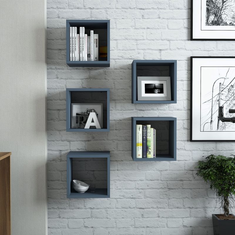 Casa si Gradina - Mobilier - Biblioteci si rafturi - Etajere - Etajera de perete, Hanah Home, pal melaminat, albastru, 30x24x30 cm, set 5 bucati - Infinity.ro