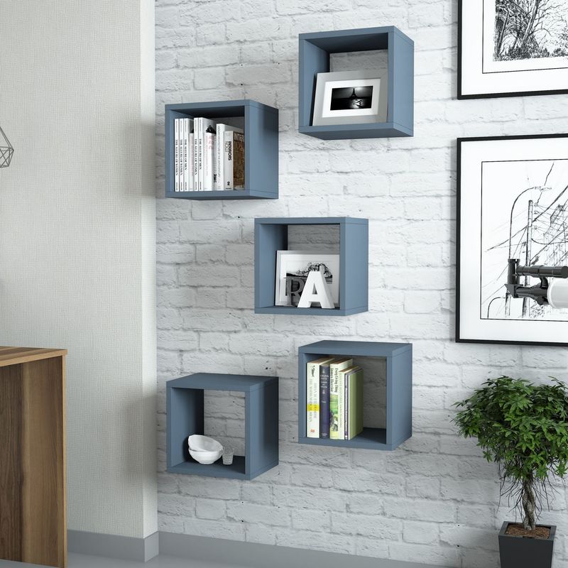 Casa si Gradina - Mobilier - Biblioteci si rafturi - Etajere - Etajera de perete, Hanah Home, pal melaminat, albastru, 30x24x30 cm, set 5 bucati - Infinity.ro