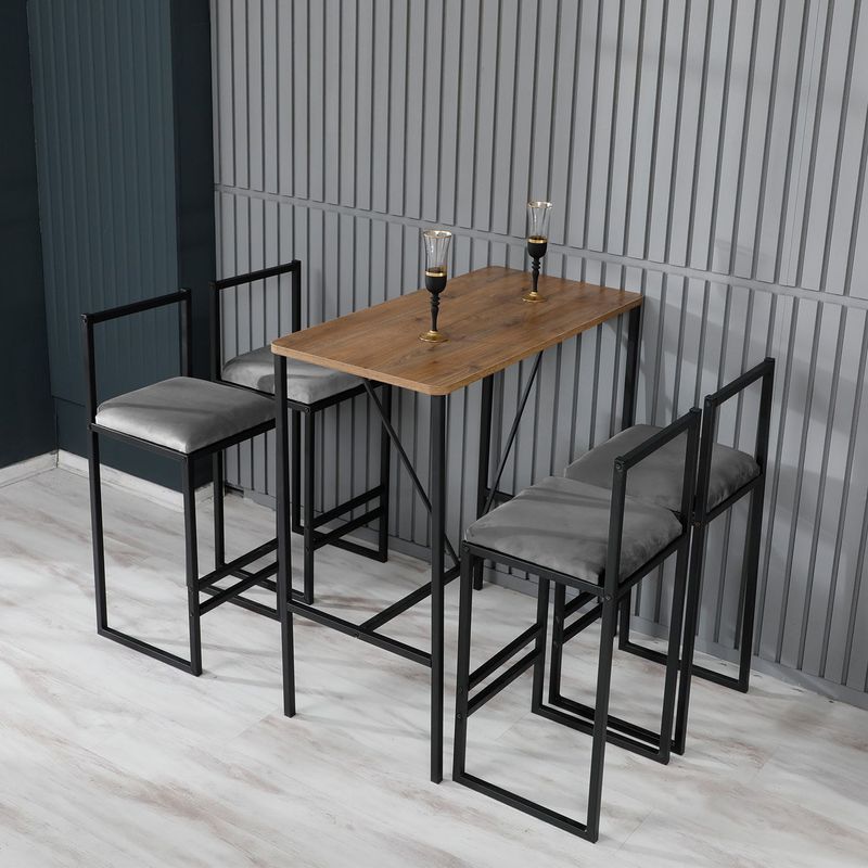 Casa si Gradina - Mobilier - Seturi de mobilier - Seturi mese si scaune - Set masa bar si taburete, Hanah Home, pal melaminat si metal, fumuriu, nuc, negru, masa 90x45x92 cm, taburete 35x35x80 cm (5 piese) - Infinity.ro
