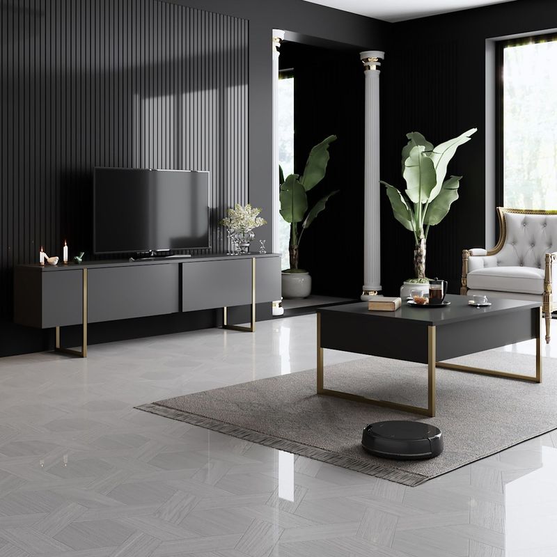 Casa si Gradina - Mobilier - Seturi de mobilier - Seturi living - Set mobilier living, Hanah Home, pal melaminat, antracit si auriu - Infinity.ro