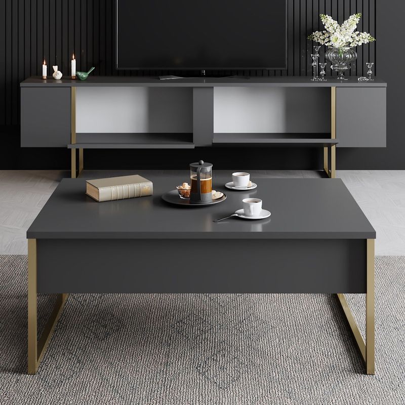 Casa si Gradina - Mobilier - Seturi de mobilier - Seturi living - Set mobilier living, Hanah Home, pal melaminat, antracit si auriu - Infinity.ro