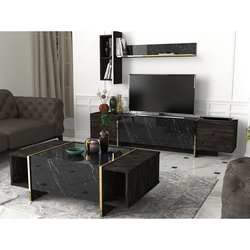 Casa si Gradina - Mobilier - Seturi de mobilier - Seturi living - Set mobilier living, Hanah Home, pal melaminat, negru auriu - Infinity.ro