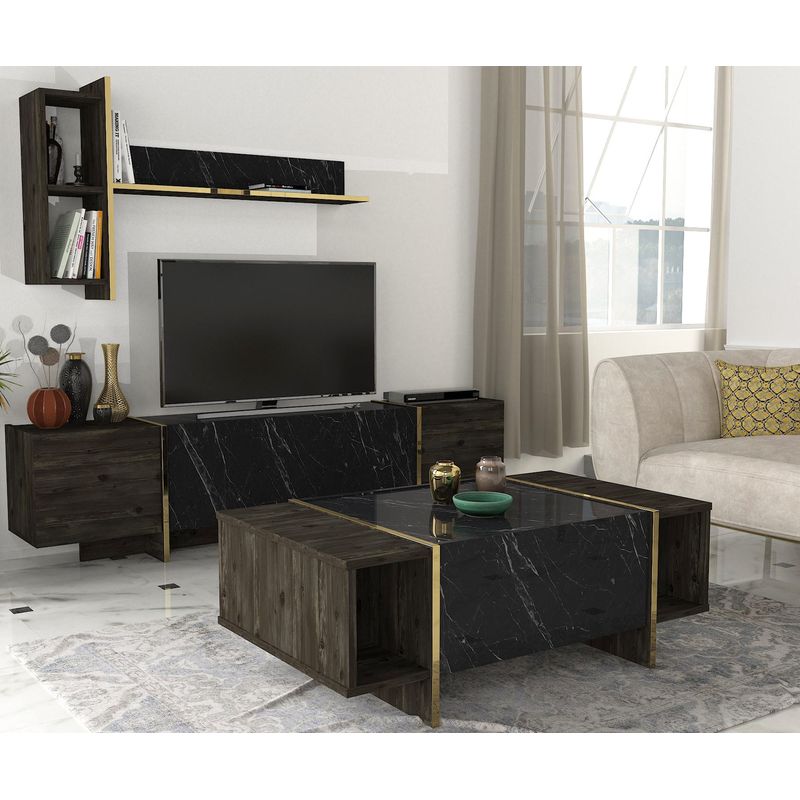 Casa si Gradina - Mobilier - Seturi de mobilier - Seturi living - Set mobilier living, Hanah Home, pal melaminat, negru auriu - Infinity.ro