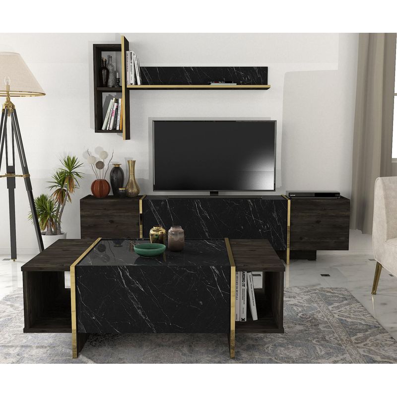 Casa si Gradina - Mobilier - Seturi de mobilier - Seturi living - Set mobilier living, Hanah Home, pal melaminat, negru auriu - Infinity.ro