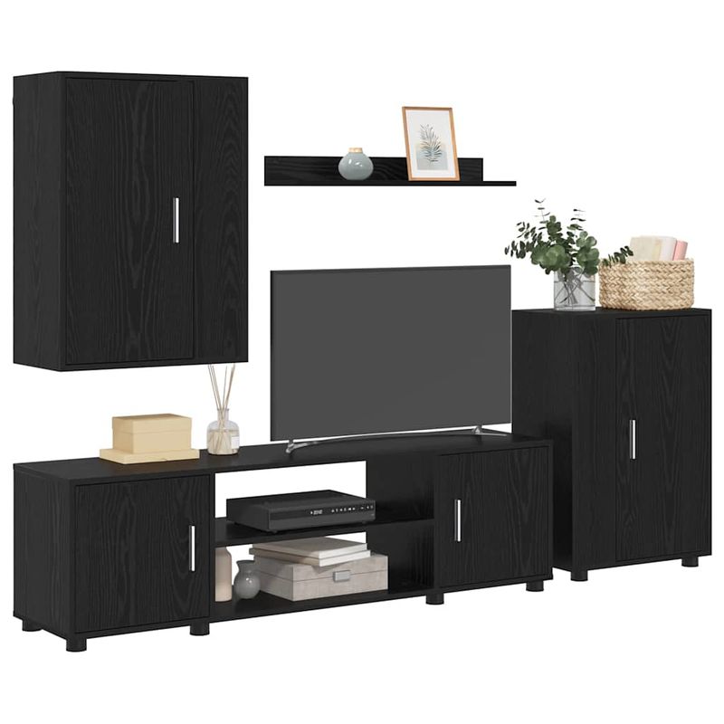 Casa si Gradina - Mobilier - Seturi de mobilier - Seturi living - Set de 4 piese pentru cabinet TV cu raft Pe perete 4 pcs Stejar negru - Infinity.ro