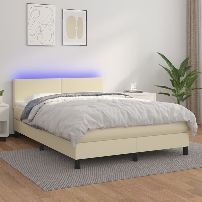 Casa si Gradina - Mobilier - Paturi si accesorii - Paturi - Pat cu arcuri, cu saltea & LED, crem, 140x190 cm, piele eco - Infinity.ro