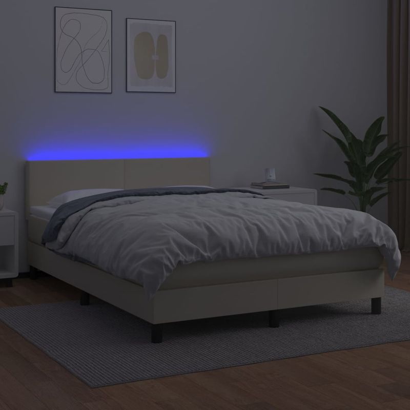 Casa si Gradina - Mobilier - Paturi si accesorii - Paturi - Pat cu arcuri, cu saltea & LED, crem, 140x190 cm, piele eco - Infinity.ro