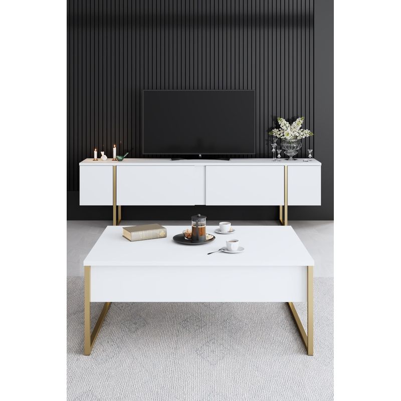 Casa si Gradina - Mobilier - Seturi de mobilier - Seturi living - Set living, Hanah Home, pal melaminat, alb auriu, picioare metalice - Infinity.ro