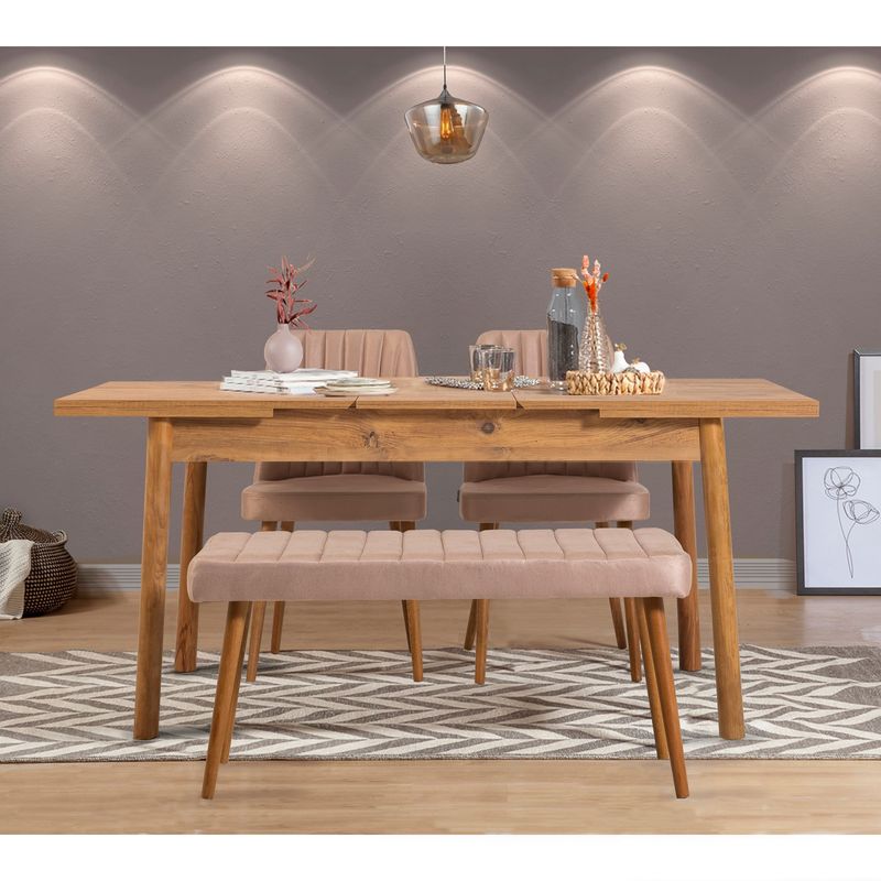 Casa si Gradina - Mobilier - Seturi de mobilier - Seturi mese si scaune - Set masa extensibila si scaune, Hanah Home, panou lemn melaminat, pin atlantic stone, 120x75x77 cm - Infinity.ro