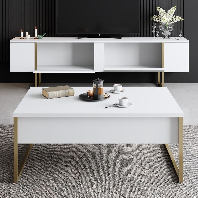 Casa si Gradina - Mobilier - Seturi de mobilier - Seturi living - Set mobilier living, Hanah Home, pal melaminat, alb auriu, tv 180x30x47 cm, masuta 90x39x40 cm - Infinity.ro