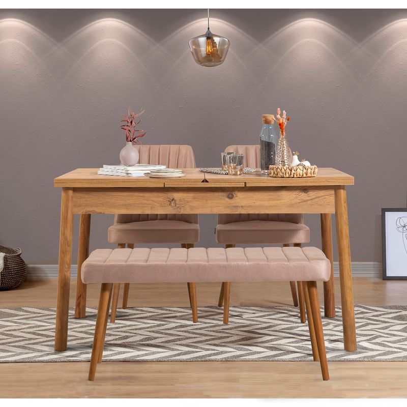 Casa si Gradina - Mobilier - Seturi de mobilier - Seturi mese si scaune - Set masa extensibila si scaune, Hanah Home, panou lemn melaminat, pin atlantic stone, 120x75x77 cm - Infinity.ro
