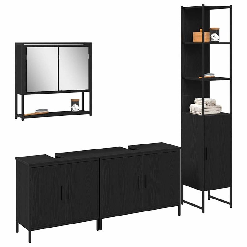 Casa si Gradina - Mobilier - Seturi de mobilier - Seturi baie - Set Mobilier Baie de 4 Piese in Stejar Negru si Lemn Prelucrat - Infinity.ro