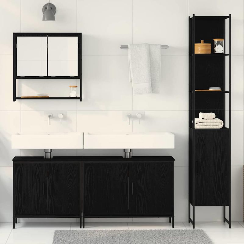 Casa si Gradina - Mobilier - Seturi de mobilier - Seturi baie - Set Mobilier Baie de 4 Piese in Stejar Negru si Lemn Prelucrat - Infinity.ro
